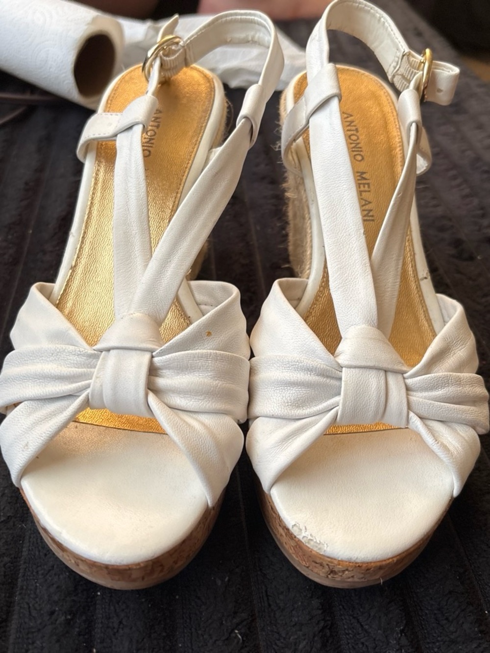 ANTONIO MELANI White Knotted T-Strap Cork Wedge Sandals